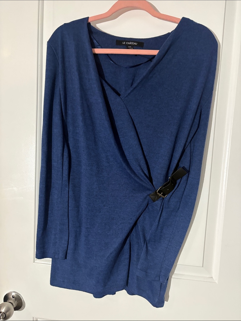 le chateau Navy Blue Wrap-Style Long Sleeve Dress